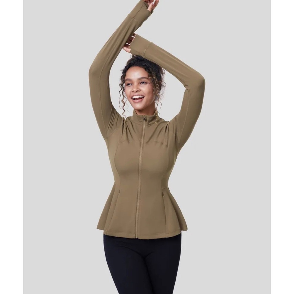 NWT Halara Softlyzero XL Full Zip Jacket Ruffle Hem Thumbhole Brown Tan Slimming